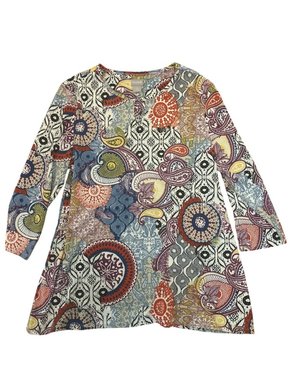 Chicos Multicolor Paisley Print Tunic Top Blouse Size 2 L Long Sleeve Boho